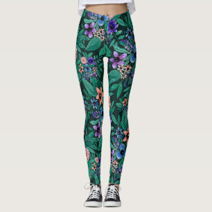 Leggings Jungle Vert Corail Aquarelle Verdure Motif