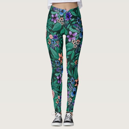 Leggings Jungle Vert Corail Aquarelle Verdure Motif (Devant)