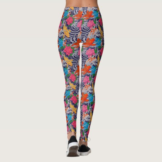 Leggings Koi Fish Tatouage Japonais Avec Modèle Floral Vagu (Dos)