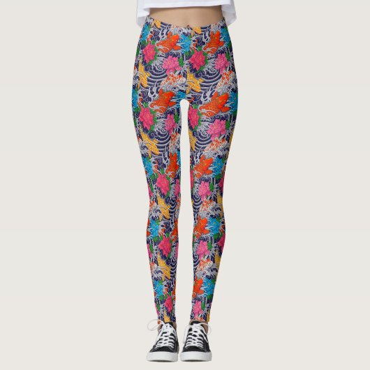 Leggings Koi Fish Tatouage Japonais Avec Modèle Floral Vagu (Devant)