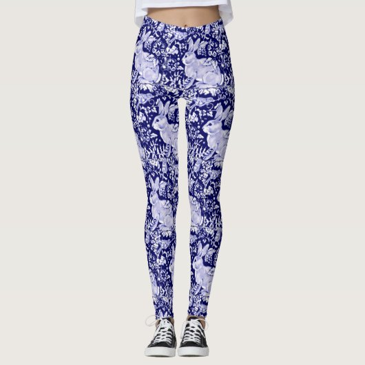 Leggings Lapin Motif Bleu foncé Oiseau Blanc Floral Unique (Devant)