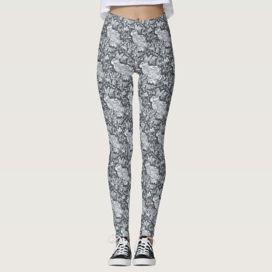 Leggings Lapin Motif Gris Blanc Oiseau Floral Décontracté (Devant)