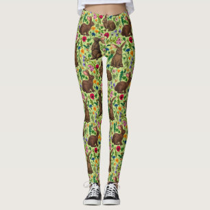 Leggings Lapins et fleurs sauvages sur le vert miel