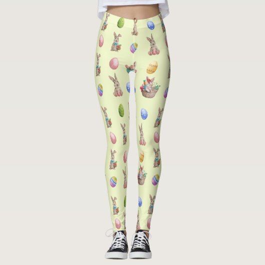 Leggings Lapins et oeufs de Pâques Motif sur Jaune (Devant)
