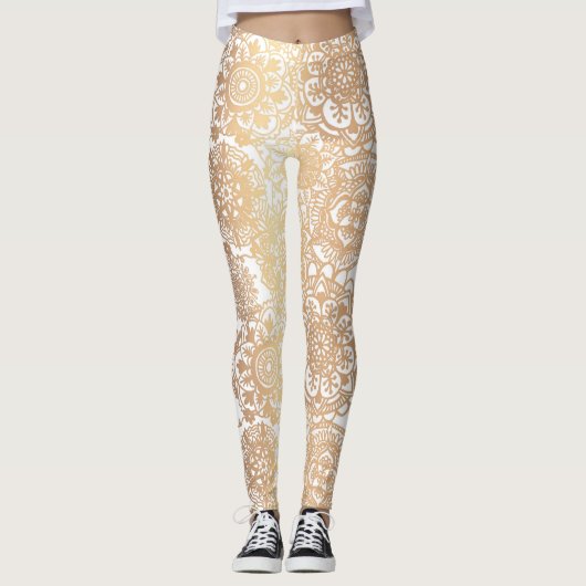 Leggings Le Mandala Motif Yoga en or et blanc (Devant)