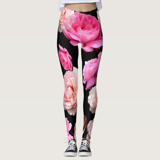 Leggings Le yoga noir d'Athleisure de roses roses halète (Devant)