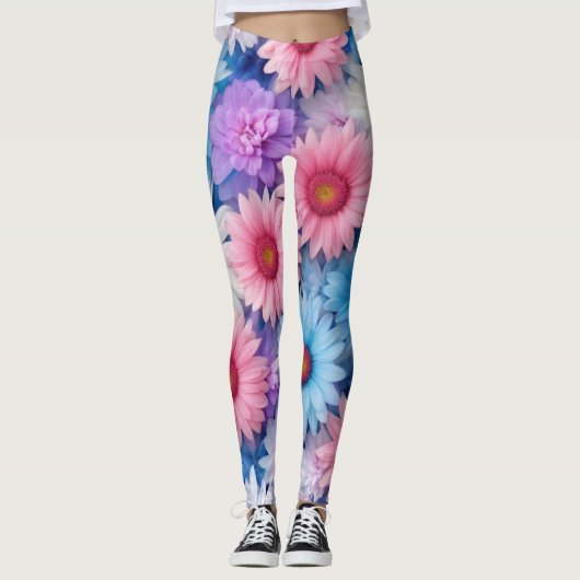 Leggings Légendes florales éclatées avec rose, blanc et ble (Devant)