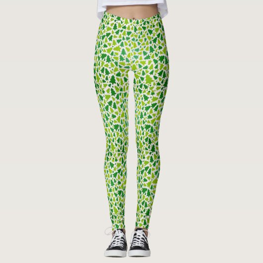 Leggings Legs Motif d'arbre de Noël vert et blanc (Devant)
