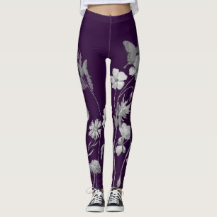 Leggings Légumineuses à papillons floraux mauves, grises et