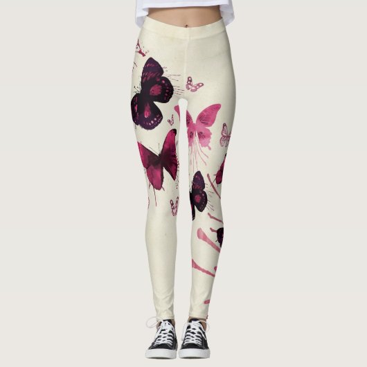 Leggings Légumineuses à papillons roses et violets (Devant)