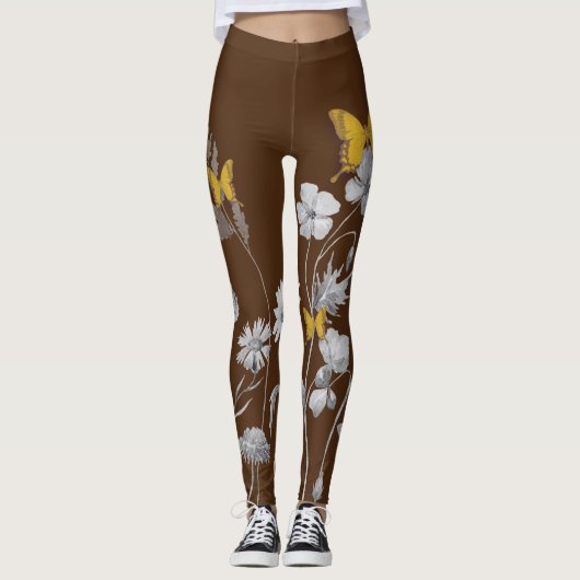 Leggings Légumineuses Brown à fleurs et papillons (Devant)