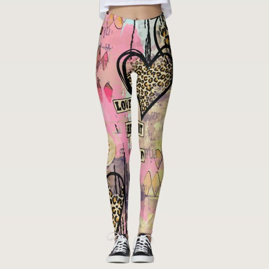 Leggings Légumineuses de peau léopard de coeur d'aquarelle  (Devant)