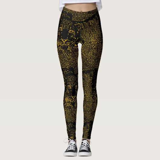 Leggings Leopard de neige dorée sur les pattes noires (Devant)
