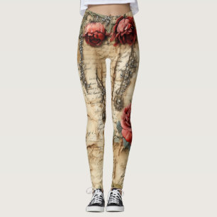 Leggings Lettre vintage d'amour parchemin avec fleurs (4)
