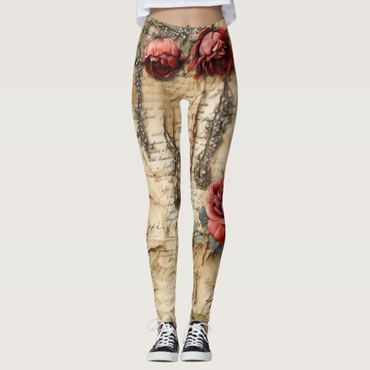 Leggings Lettre vintage d'amour parchemin avec fleurs (4) (Devant)