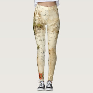 Leggings Lettre vintage d'amour parchemin avec fleurs (6)
