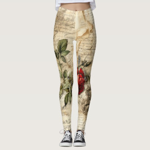 Leggings Lettre vintage d'amour parchemin avec fleurs (9)