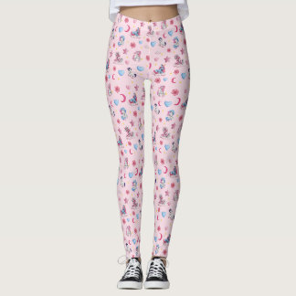 Leggings Licornes colorées, lune rose, cœurs sur fond rose