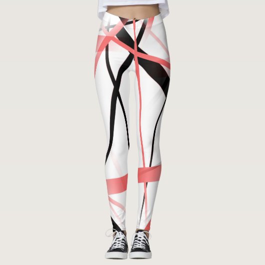 Leggings Ligne Moderne Géométrie Froide Blanc Rose-Noir (Devant)