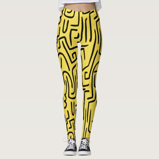 Leggings Lignes Abstraites 130318 - Noir sur #fff300 Jaune (Devant)