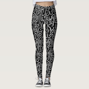 Leggings Lignes Abstraites 130318a) - Blanc sur noir
