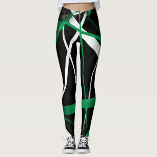 Leggings Lignes Abstraites vertes et blanches en noir