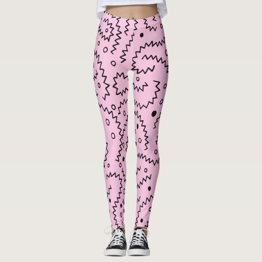 Leggings Lignes de zigzag noir sur motif rose (Devant)