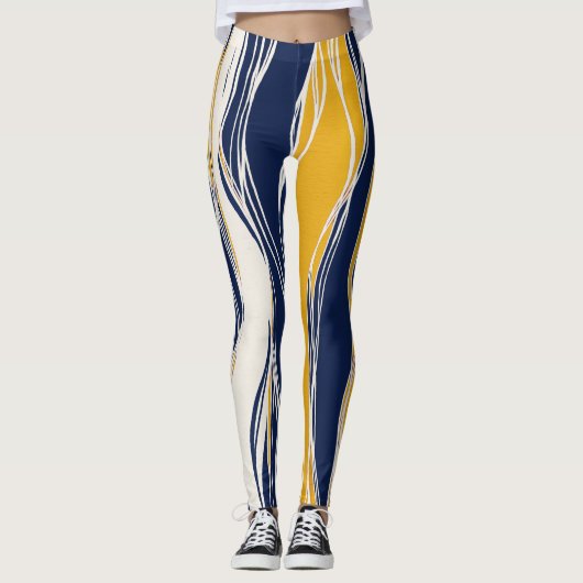 Leggings Lignes élégantes, modernes, bleu marine et jaune (Devant)