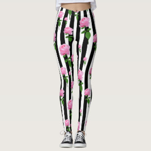 Leggings Lignes Fleurs Roses Roses Roses Noires