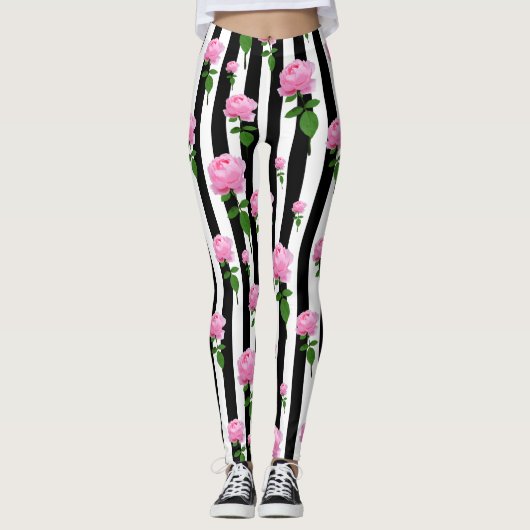 Leggings Lignes Fleurs Roses Roses Roses Noires (Devant)