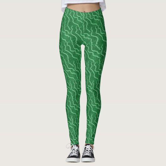 Leggings Lignes ondulées vert clair sur vert foncé brillant (Devant)