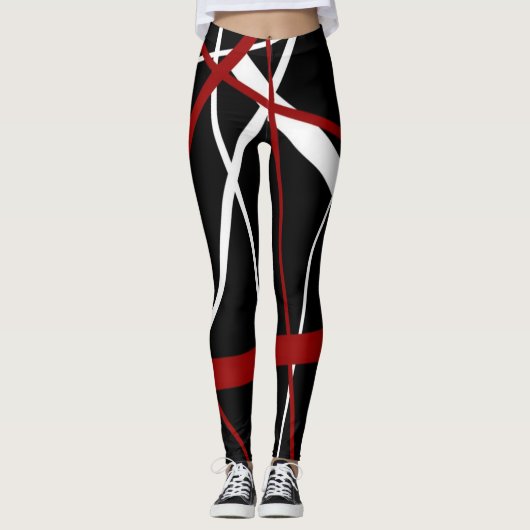 Leggings Lignes rouges et blanches Abstraites sur noir noir (Devant)
