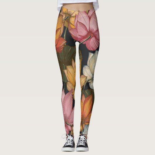 Leggings Lit d'eau de Lotus rose jaune sur noir (Devant)