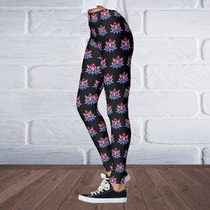 Leggings Lotus fleur bleu rose sur noir