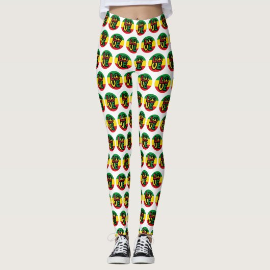 Leggings LOVE with peace symbol, reggae style (Devant)