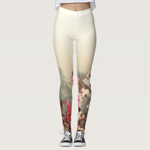 Leggings Lumière du matin, cosmos rose fleurissant.