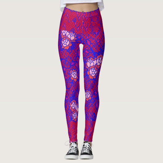 Leggings Lumineuse filet bleu avec fleurs 01 Rouge BG (Devant)