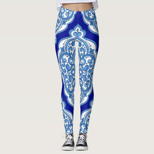 Leggings Luxe blanc-bleu, ornement turc. (Devant)