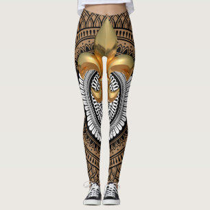 Leggings Luxe Golden Fleur-de-Lis Mandala Motif noir