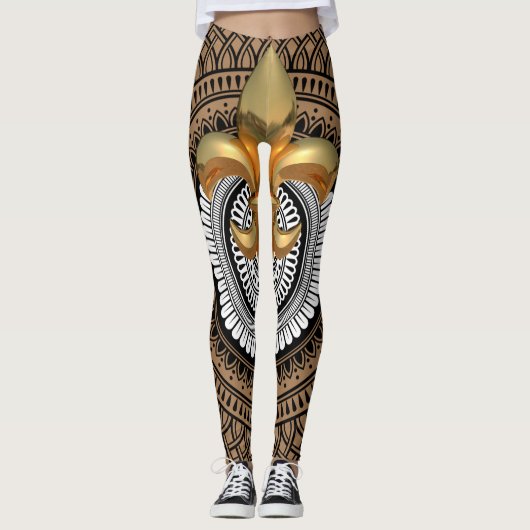 Leggings Luxe Golden Fleur-de-Lis Mandala Motif noir (Devant)