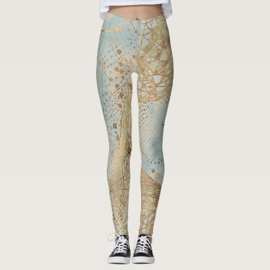 Leggings Luxury, Gold Pixels Lines Pattern Soft Blue (Devant)