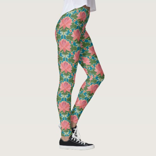 Leggings Lys d'eau rose et libellules bleues sur Turquoise (Droite)