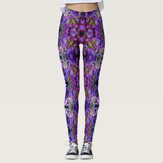 Leggings Magenta Purple bleu jaune Hydrangeas fleurs (Devant)
