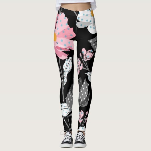 Leggings Magnifique Pink, Noir, Gris Jambes Florales Abstra (Devant)