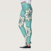 Leggings Magnifique Turquoise Grande Fleurs Blanches Femme (Gauche)
