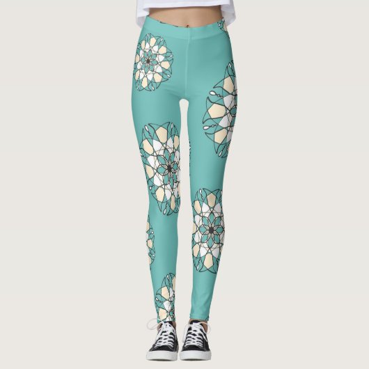 Leggings Magnifique Turquoise Grande Fleurs Blanches Femme (Devant)