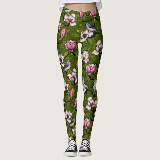 Leggings Magnolia en floraison et oiseau de tireur 2 (Devant)