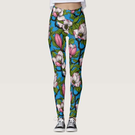 Leggings Magnolia en floraison sur bleu (Devant)