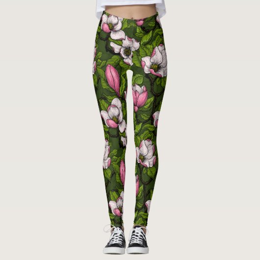 Leggings Magnolia en floraison sur vert foncé (Devant)