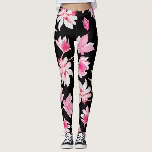 Leggings Magnolia romantique : Aquarelle noire (Devant)